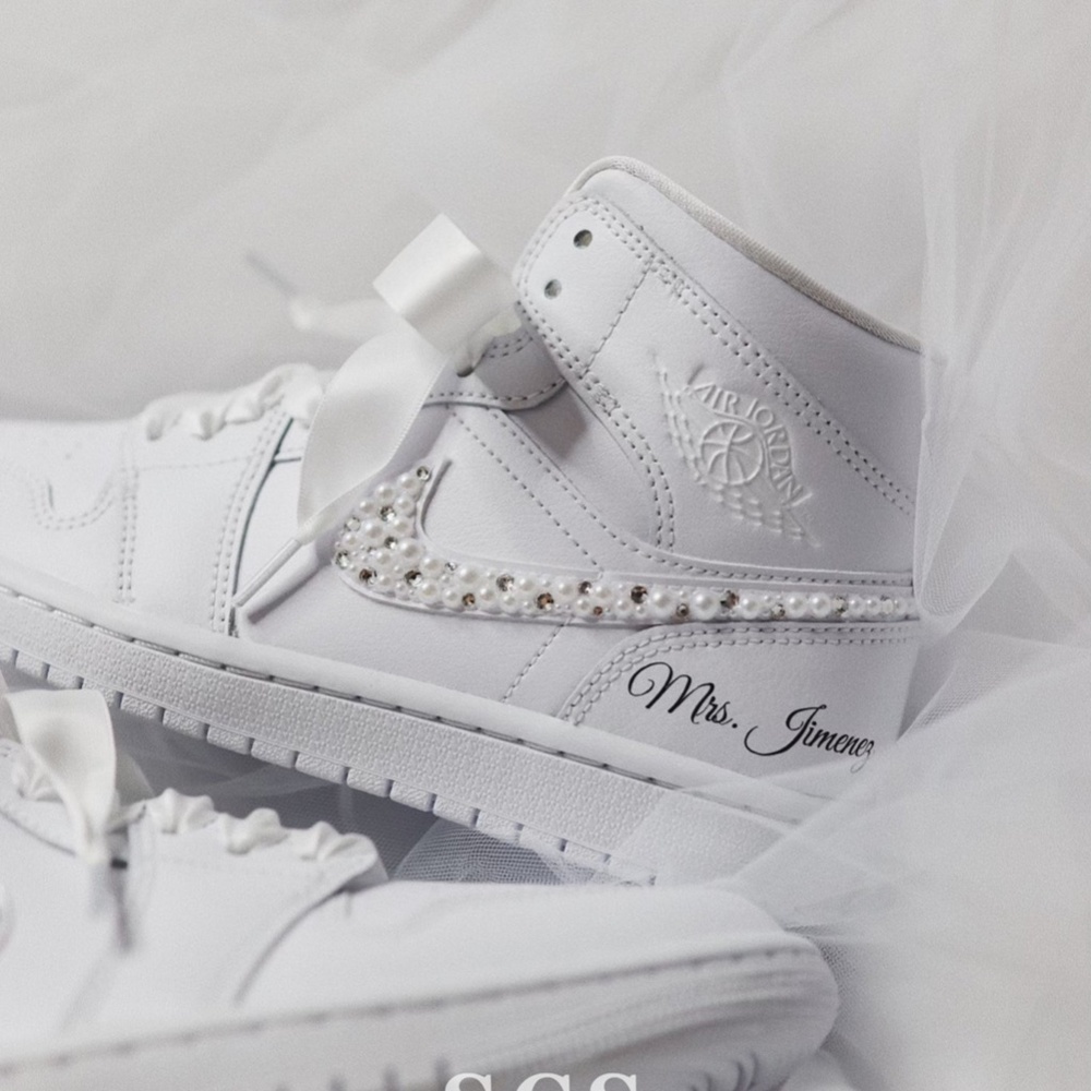 Wedding Sneakers for Bride Personalized Jordan 1 Mid with Rhinestones & Pearls - Picture 2 of 8